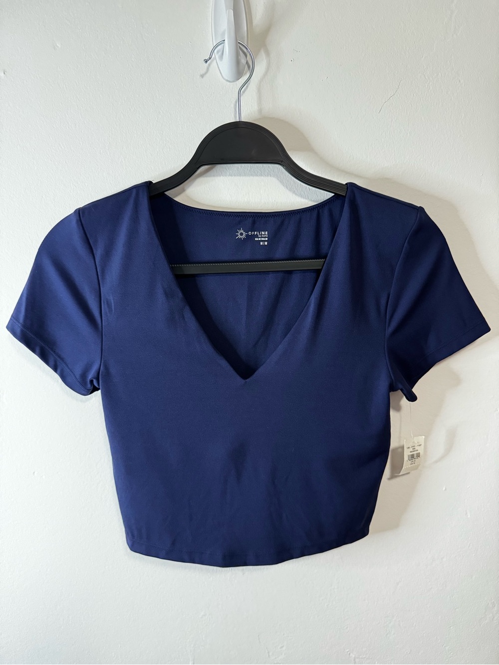 Offline by Aerie Navy Blue V-Neck Cropped Short Sleeve Top